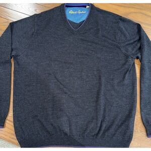 Robert Graham Men's Size XL Gray 100% Wool V-Neck‎ Long Sleeve Preppy Sweater